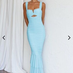 Selfie Leslie Nadia Fishtail Ruched Light Blue Maxi Dress